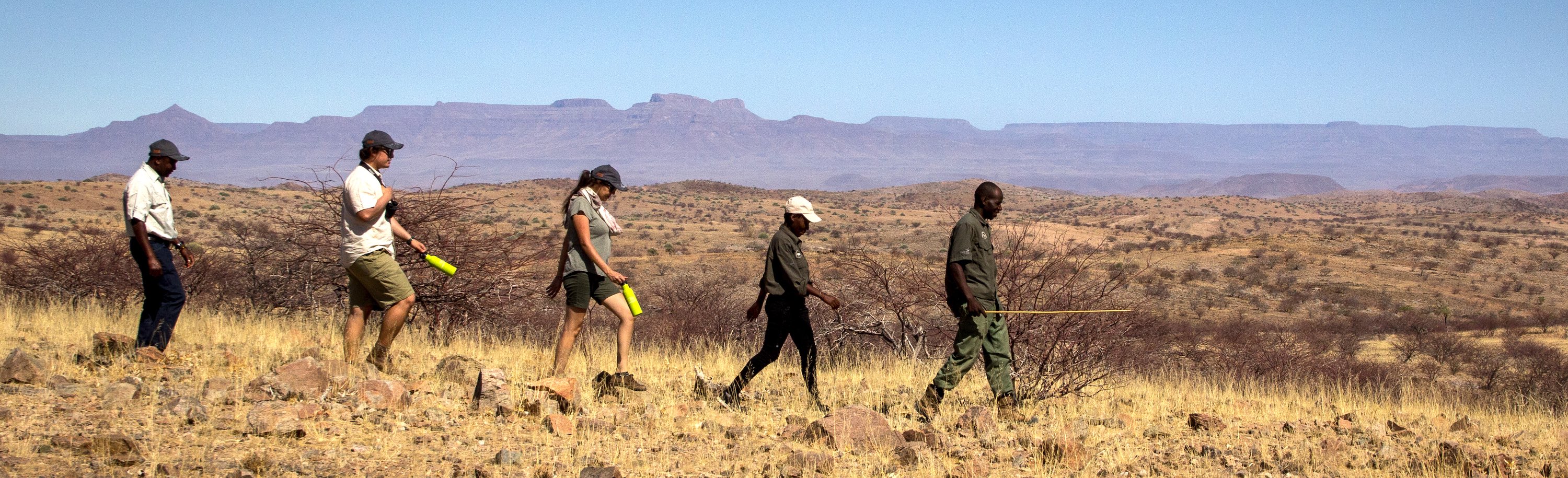 Tourists escorted by guides on a walking safari through //Huab Conservancy.