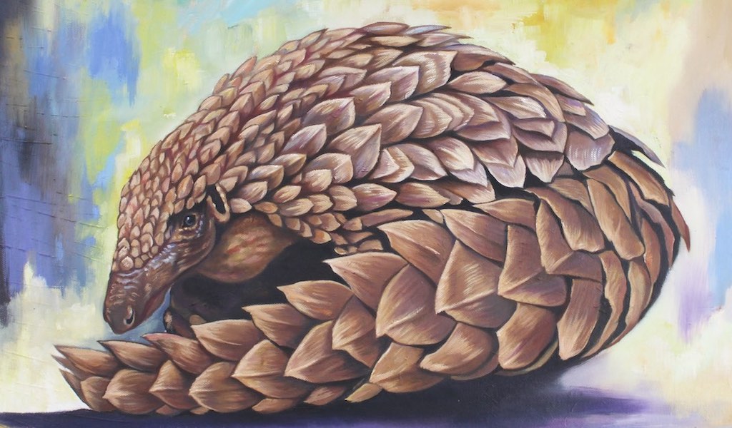 Artwork of a resting pangolin.